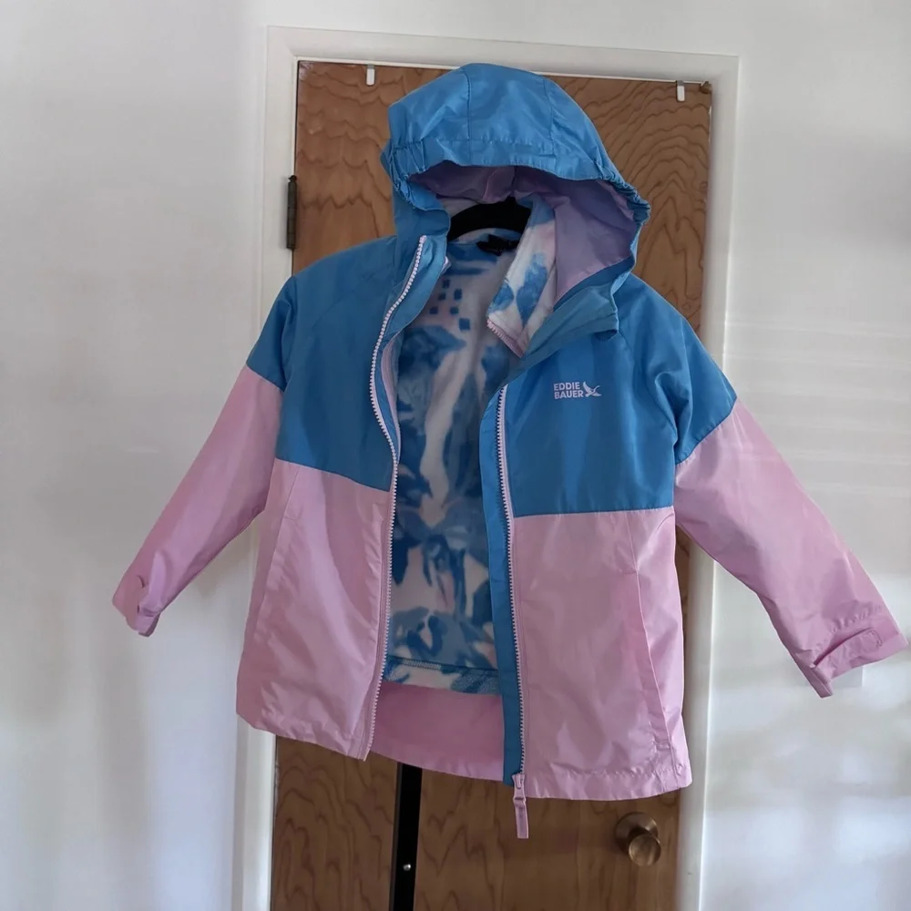Eddie Bauer Blue and Pink Kids' Waterproof Hooded Raincoat XS(5/6)